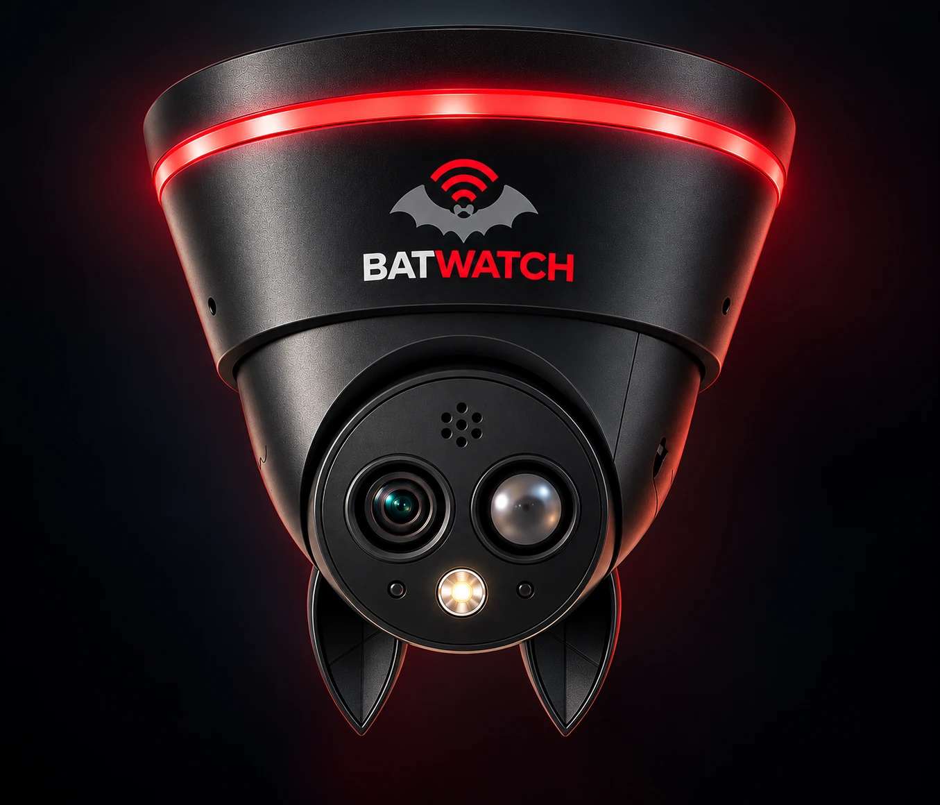 BatWatch black thermal monitoring camera concept with red warning light against a dark background