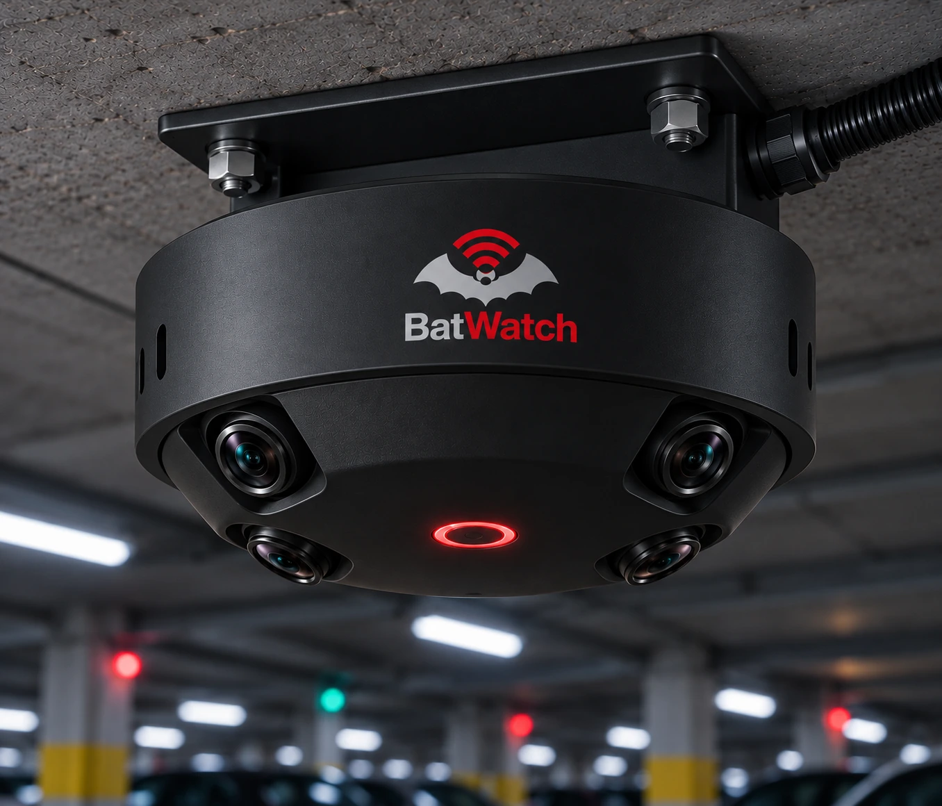 Matte-black BatWatch Industrial 360 concept with four angled camera modules and bolted ceiling mounting